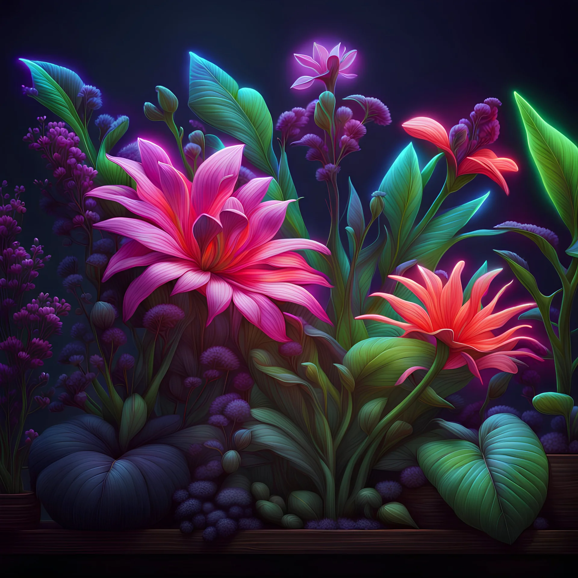 plants and flowers , neon, botanical illustration, ultra realistic, artstation: award-winning: professional portrait: atmospheric: commanding: fantastical: clarity: 16k: ultra quality: striking: brilliance: stunning colors: masterfully crafted.