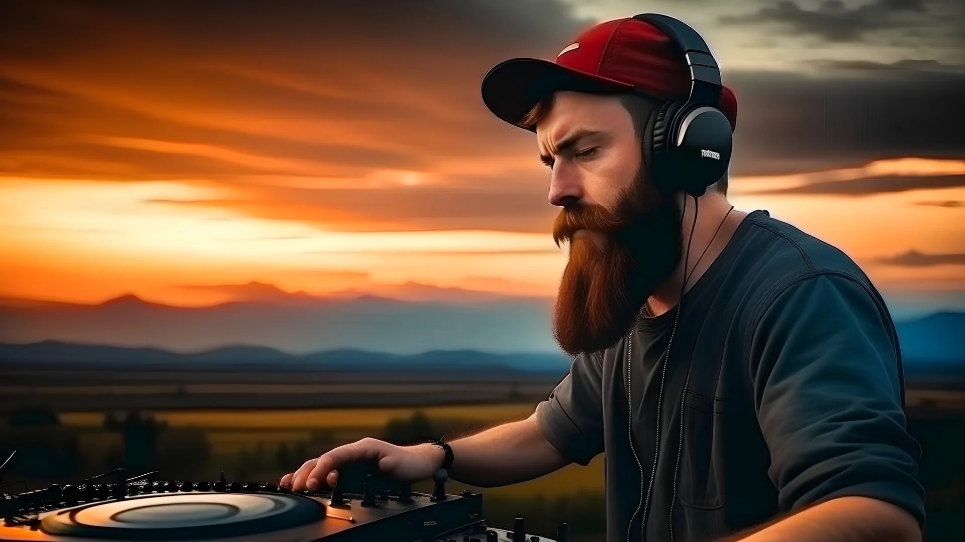 bearded man with cap, DJ play records, color sky background,landscape background