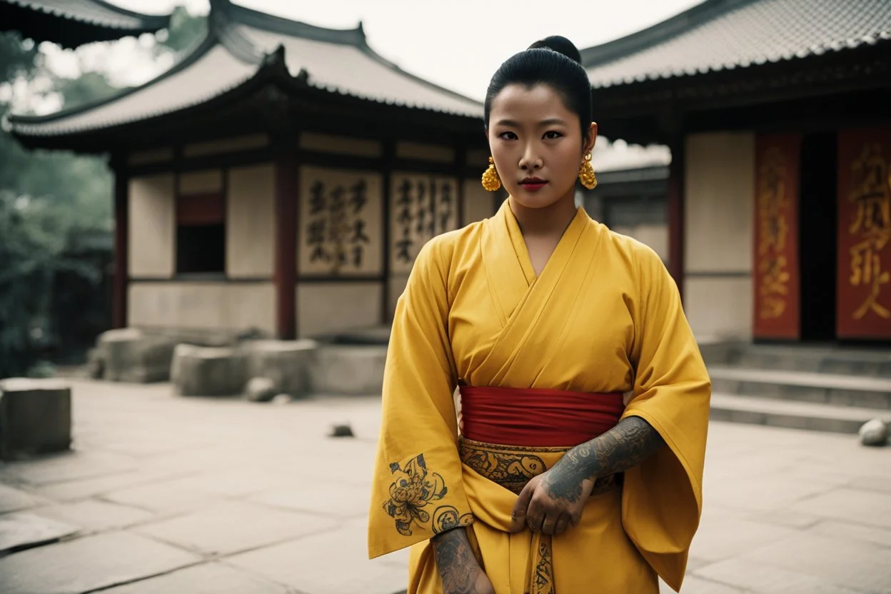 [very impressive high res masterpiece in Kodak Eastman 5247, bokeh scene by Stanley Kubrick] woman Shaolin gangsta monk covered by tattoos waiting outside in yellow kimono, on a stone doorstep, she menaces the camera with her finger