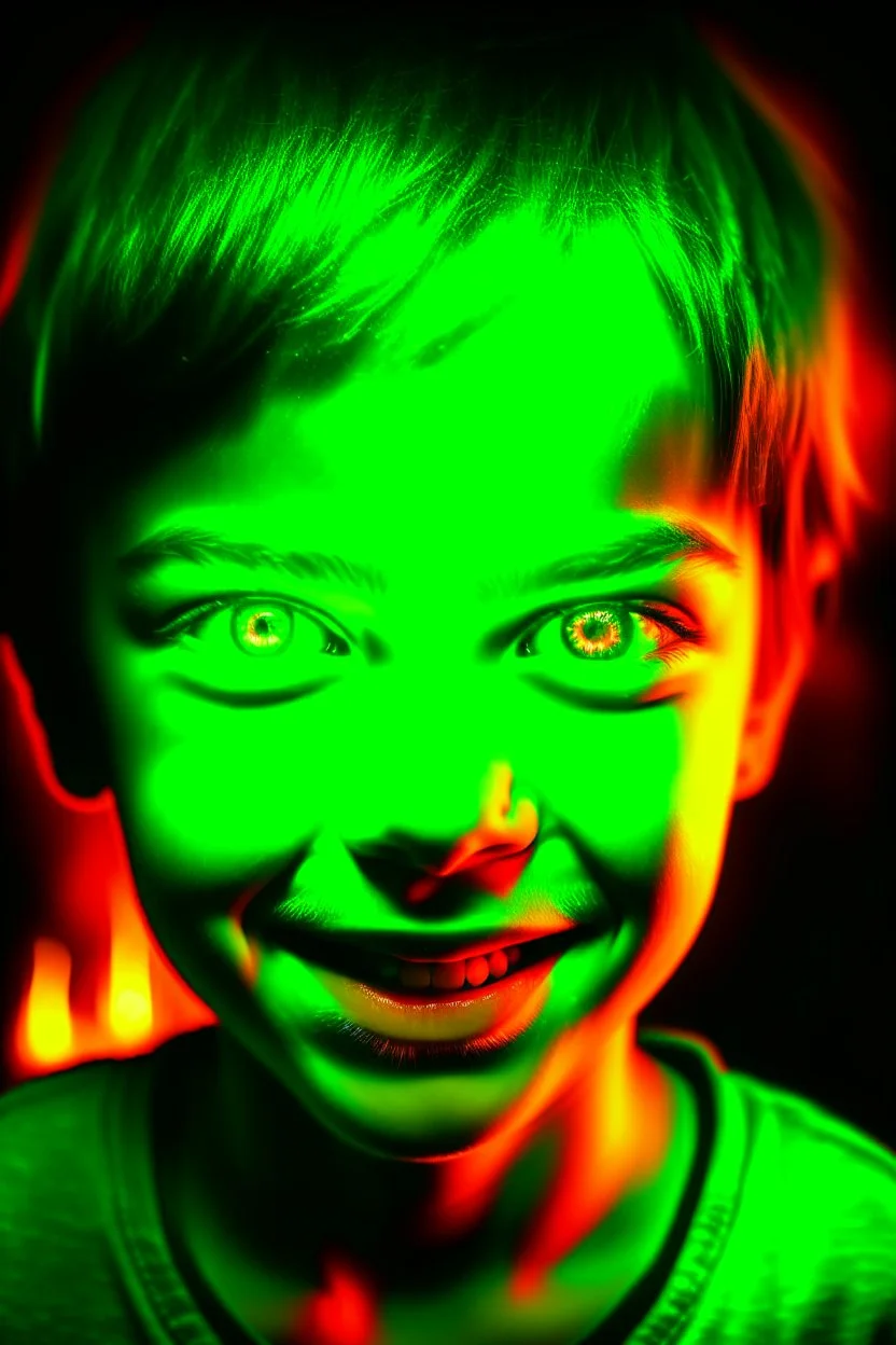 Face of an evil child with a demonic smile, white eyes, surrounded by flames, youthful green light, fire starter in the background