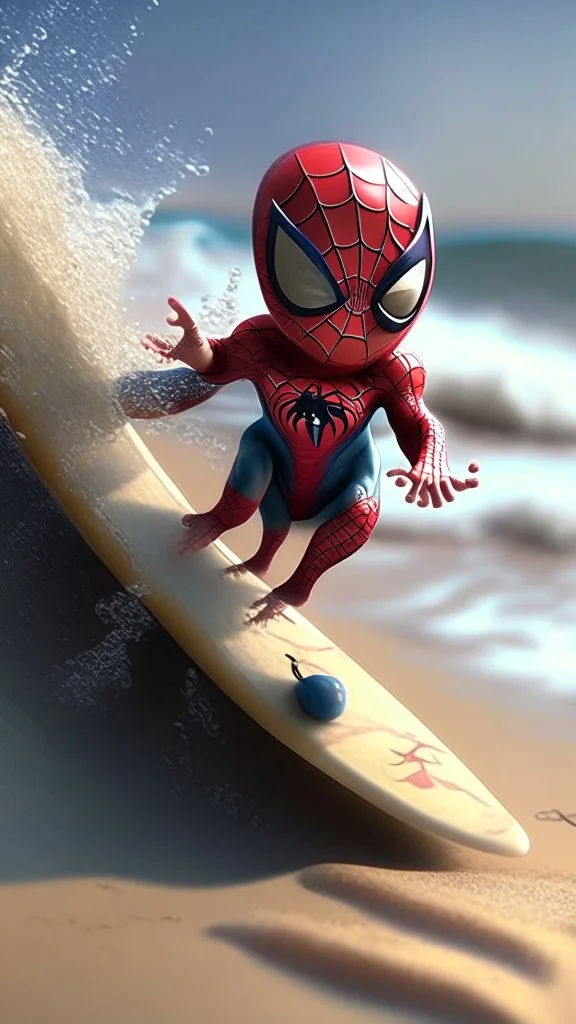 baby spiderman surfing on beach, cute, ultra realistic, 4k, ultra detail, full body, full picture