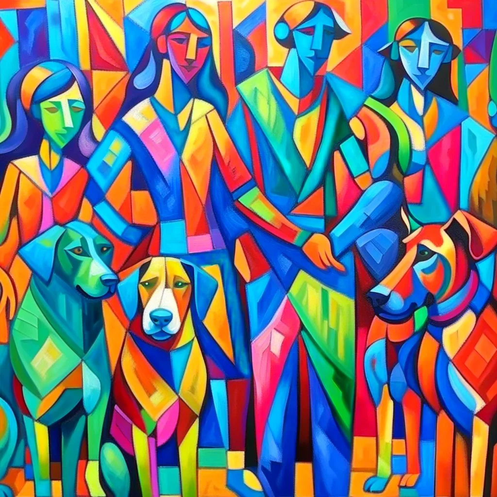 Cubist painting of humans and dogs standing next to each other in different colors and sizes, Cubist painting by Kees Maks, featured on dribble, informal art, cubism, picasso, art on instagram