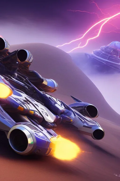 Pod-racer,pod racer concept, purple lightning, fast speed, motion blur, desert landscape