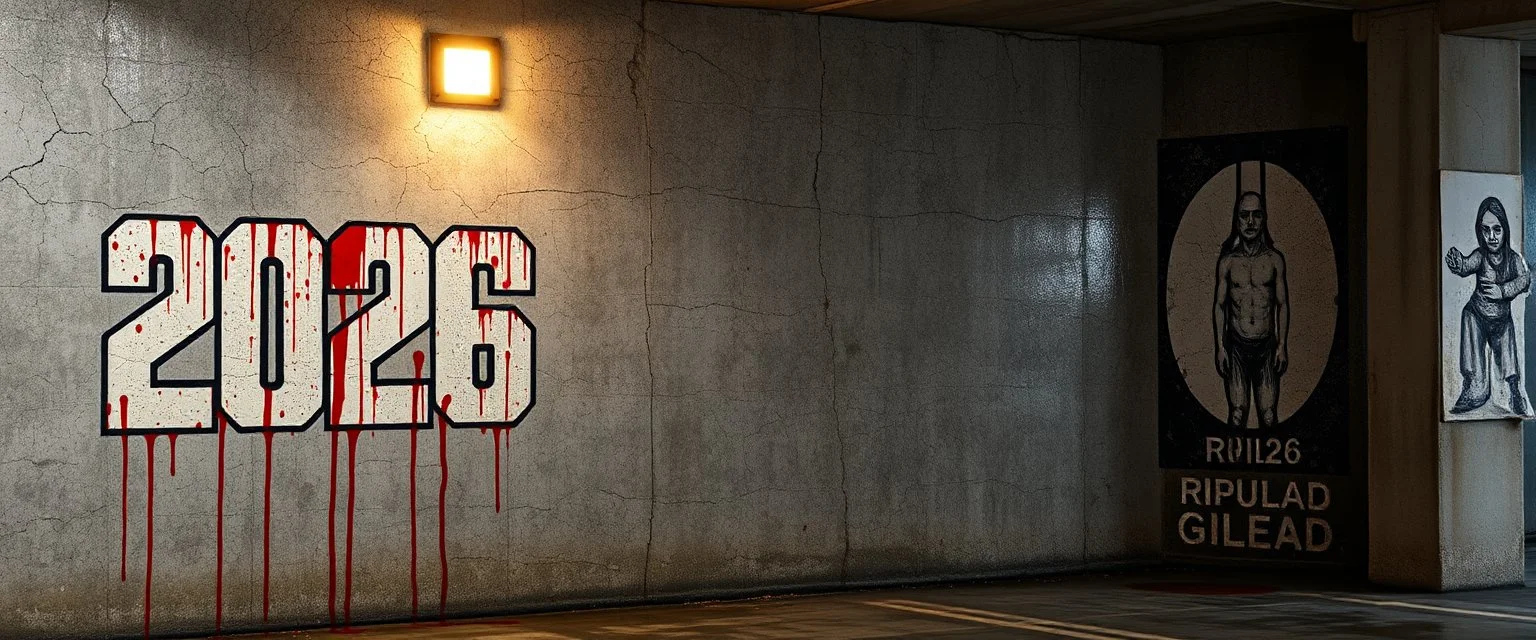 background of firing squad execution wall(wet textured concrete, gray, old, cracked, billet holes, blood stained, 1 wall light) from underground parking, german style, a large blocky upside down "2026" painted on left(old faded paint, red stains running down and past), cyberpunk, to the right a larger mural of a hung dead man, Republic of Gilead