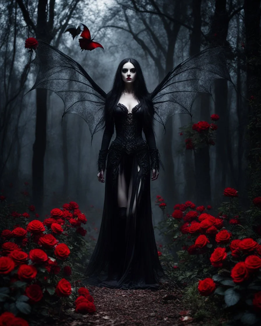 Facing front photography Gothic Art Style realistic Full body,creepy Vampire ghost woman long hair straddle wings bat she on walk on creepy,in dark night mystery forest,red roses flowers sorrounded background,dramatic angle, extreme angle shot, trypophobia, horror