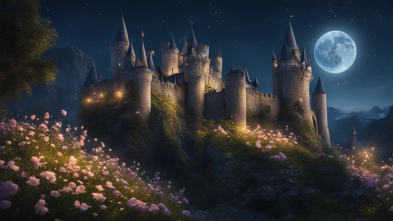 Medieval castle, fantasy, night, flowers, glare, sparkles, clear lines, detail, fine rendering, high resolution, 4K, photorealism, precise focus,