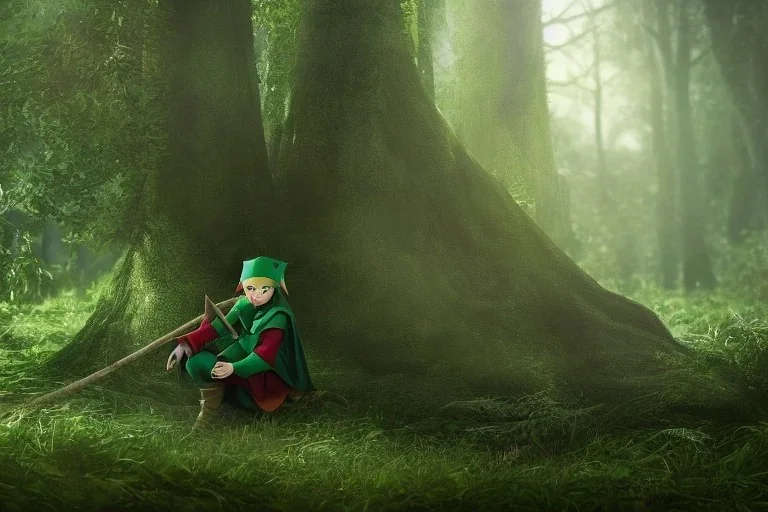 green robed blindfolded elf in forest hiding behind a tree, highly detailed, 8k, atmospheric lighting, trending on artstation