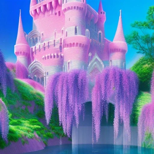 a pink castle, magical crystal pink castel, vertical light, pink and blue wisteria , pink vertical, blue lake,sharp, background vertical blue gradient vertical, elegant, highly detailed, artstation, concept art, smooth, sharp focus, illustration, 8k, splash art, wallpaper, key visual