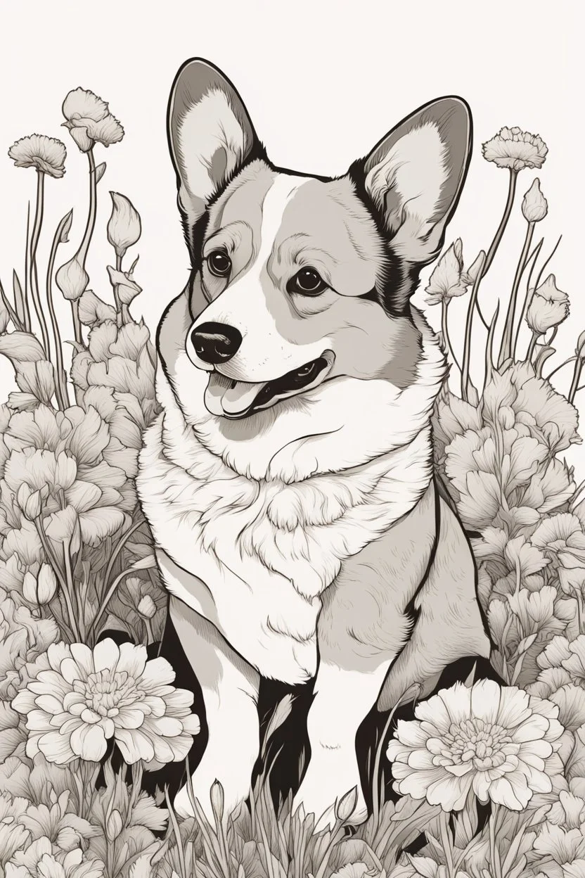 Portrait of a Corgi in a lively field of marigolds, mature coloring artwork, contour, vector, clean line art, white background, detailed, black and white, in the style of kalamkari design