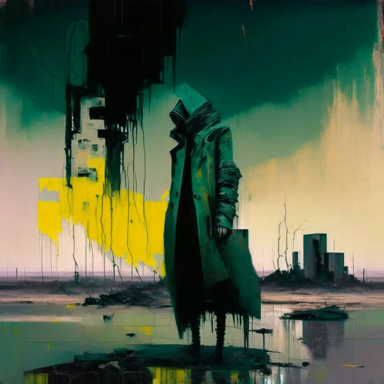 Dystopian future twisted body with retro monitor head and handing wires. Wearing a trench coat. In desolate landscape at night. With a brutalist architecture concrete decaying blocks falling. Abstract oil painting in style of Justin Mortimer