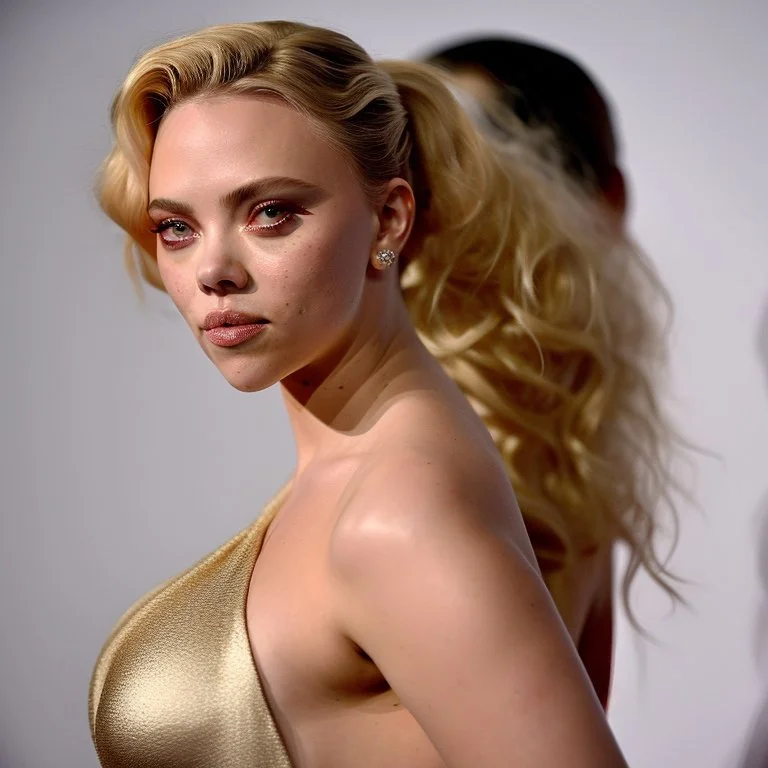 Scarlett Johannson, wearing a gold lame dress with spaghetti straps, standing against a dark background with stage lighting