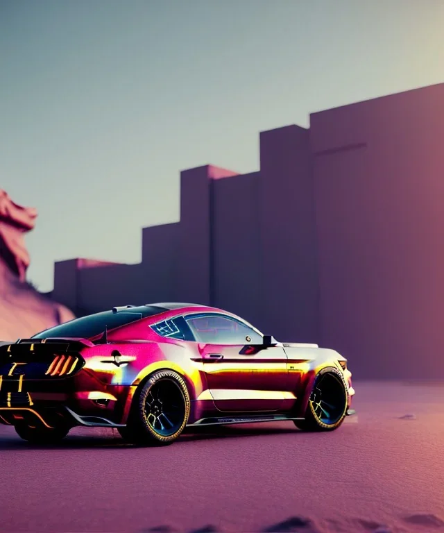 a mustang, deep colors, cyberpunk, Realistic photography, incredibly detailed, ultra-high resolution, 8k, complex 3d render, normal, original