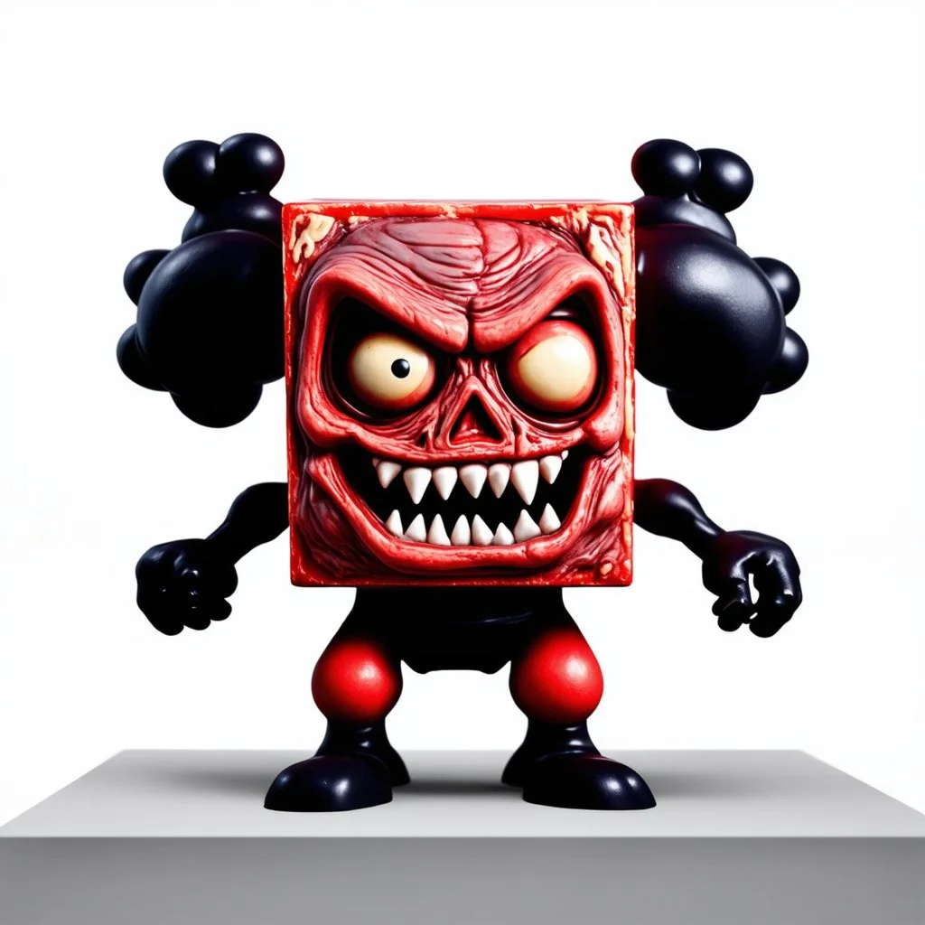 a character in a cube-ish shape, 80's foam horror character, gore, style of AmToy's Madballs
