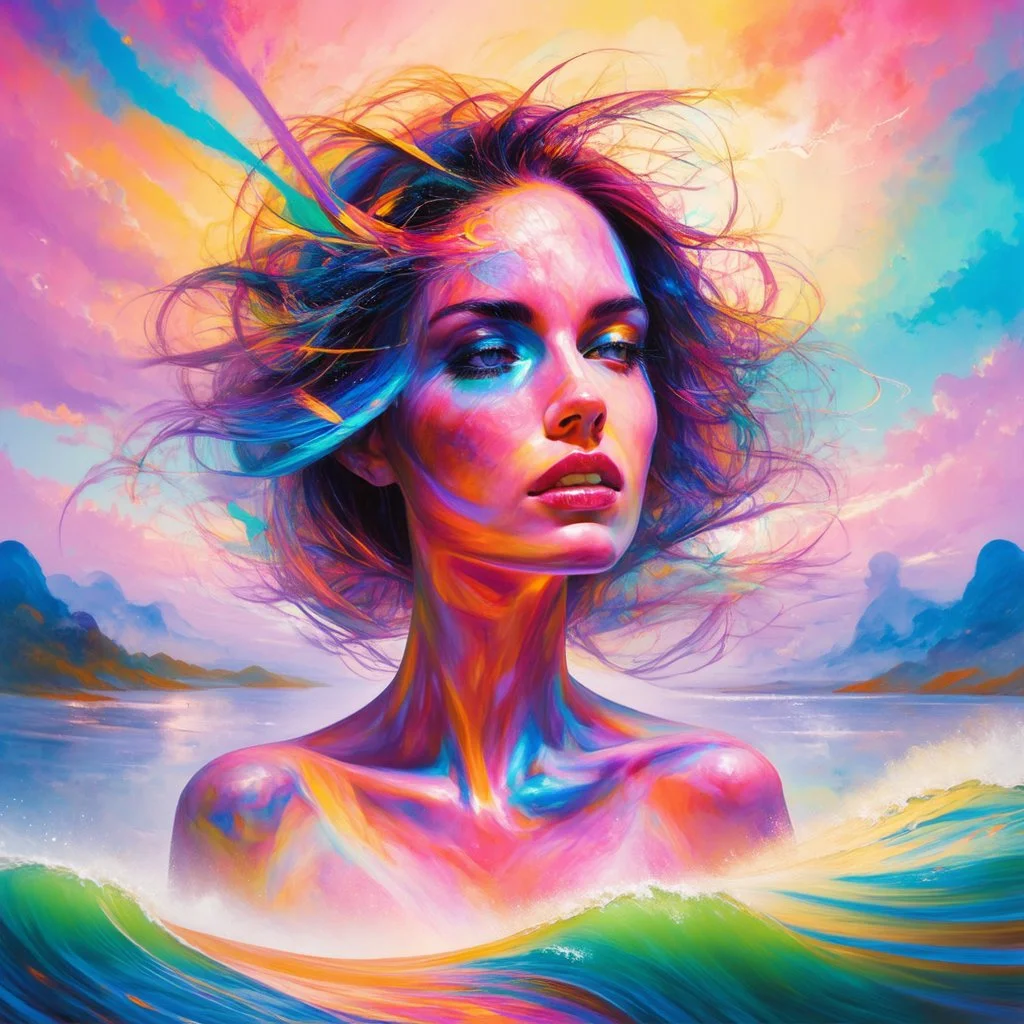 piece of album art with women fusion with light, abstract style album cover, high level of noise and subtle texture, psychedelic cover, vibrant colors, ethereal sky landscape, shapes and waves.