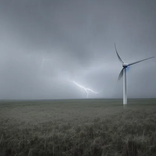 Thousands vertical wind turbines. Heavy cold rain. Thunderstorm. An engineer looking up. Futuristic scenary. Gray mist.