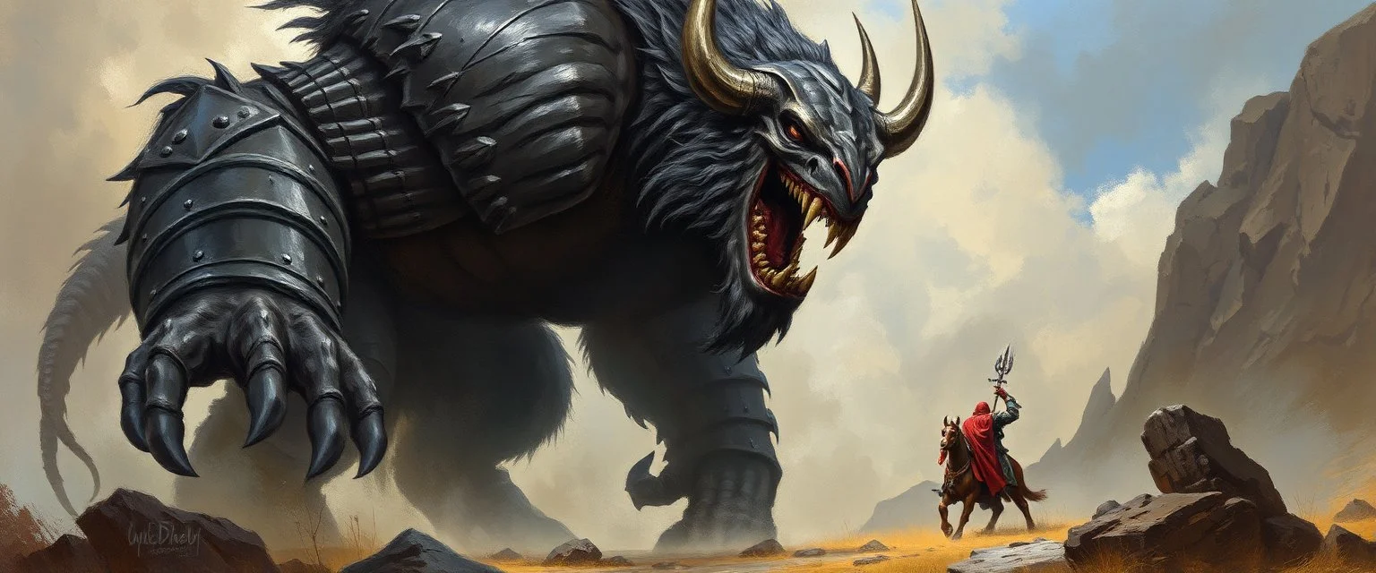onager, oil and airbrush, epic fantasy illustration, black giant