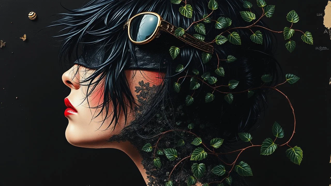 Abstract Art, Collage, Thomas Ligotti, Mannequin World, In Space They Can't Hear You Scream, Dave McKean, Inspired by Zdzislaw Beksinski's Nightmarish Paintings, Wassily Kandinsky, Double Exposure, Gnostic Tragedy, Sinister, Woman, Messy Black Hair, Made of Shiny Texture, Sunglasses on Head, Red Blush, Blindfolded, Half Smirk, Vine Design, Raspberry, Surreal, Futuristic, Black Open Background, Peach Skin, Leafy Textures, Shiny Plastic, Organic Aesthetics, Rose Red Tint, Green Leaves, Ali