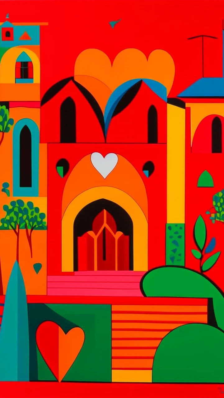 An orangish red monastery with a healing heart painted by Stuart Davis