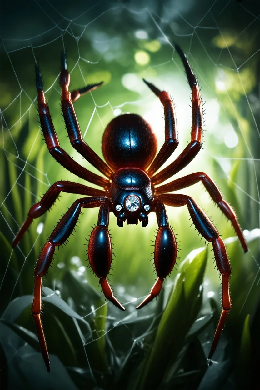 A solid gold Blackwidow spider, in a silky silver spider web, in a scary garden, with diamond eyes