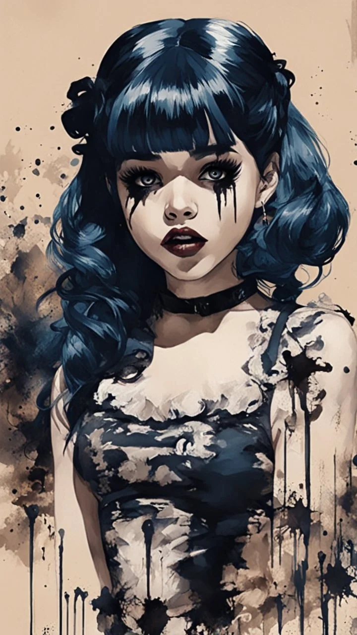 Poster in two gradually, a one side malevolent goth vampire girl face and other side the Singer Melanie Martinez face, full body, painting by Yoji Shinkawa, darkblue and sepia tones,