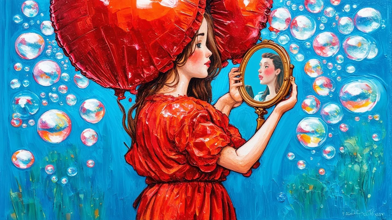 Bubble Wonderland, A figure is holding a mirror that reflects their hidden expression, gouache, mirrored foil, red ballon, primitive, symbolism