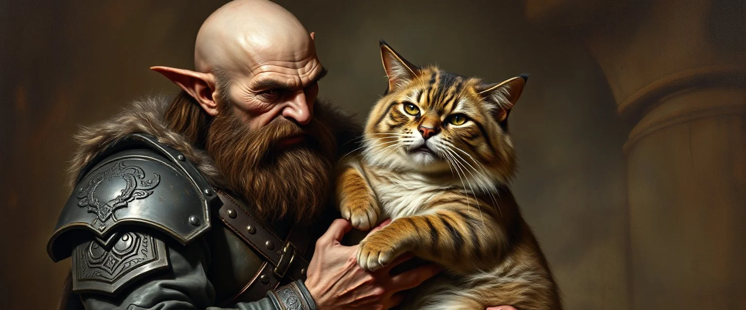 master oil painting by Rembrandt, fantasy orc soldier holding and petting a big ugly cat