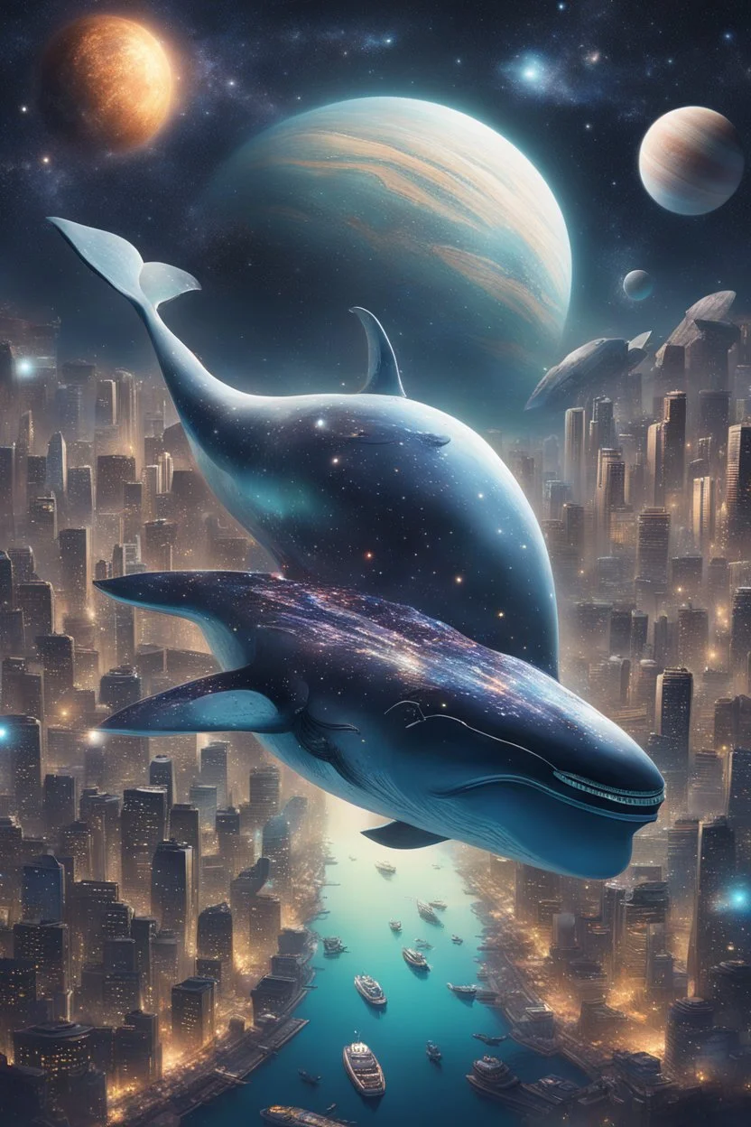 The city of the future is on the back of a decorated celestial whale swimming in space full of stars, planets, and the otherworldly world.