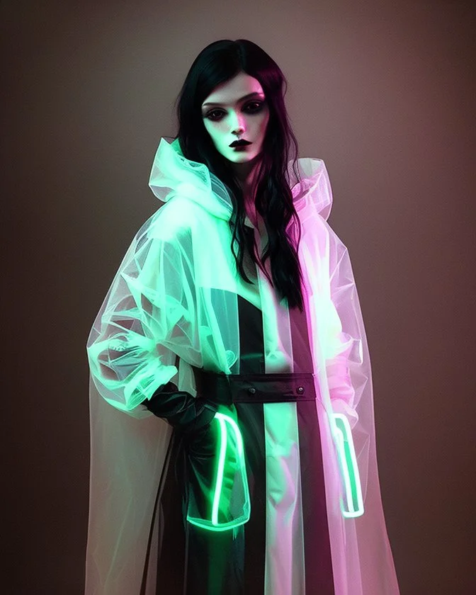 painting by koson ohara and marta bevacqua, portrait of a beautiful goth woman with long black hair, wearing a plastic raincoat, purple neon lighting, 8k, high quality, highly detailed