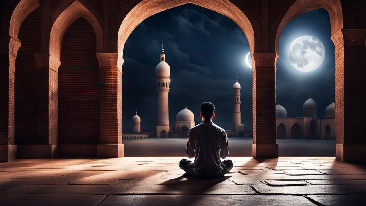 Hyper Realistic Photographic-Back-View of a Young Man-Alone praying-Namaz inside a Brick Mosque at night with moonlight-rays-coming-from-outside-window showing dramatic & cinematic ambiance.