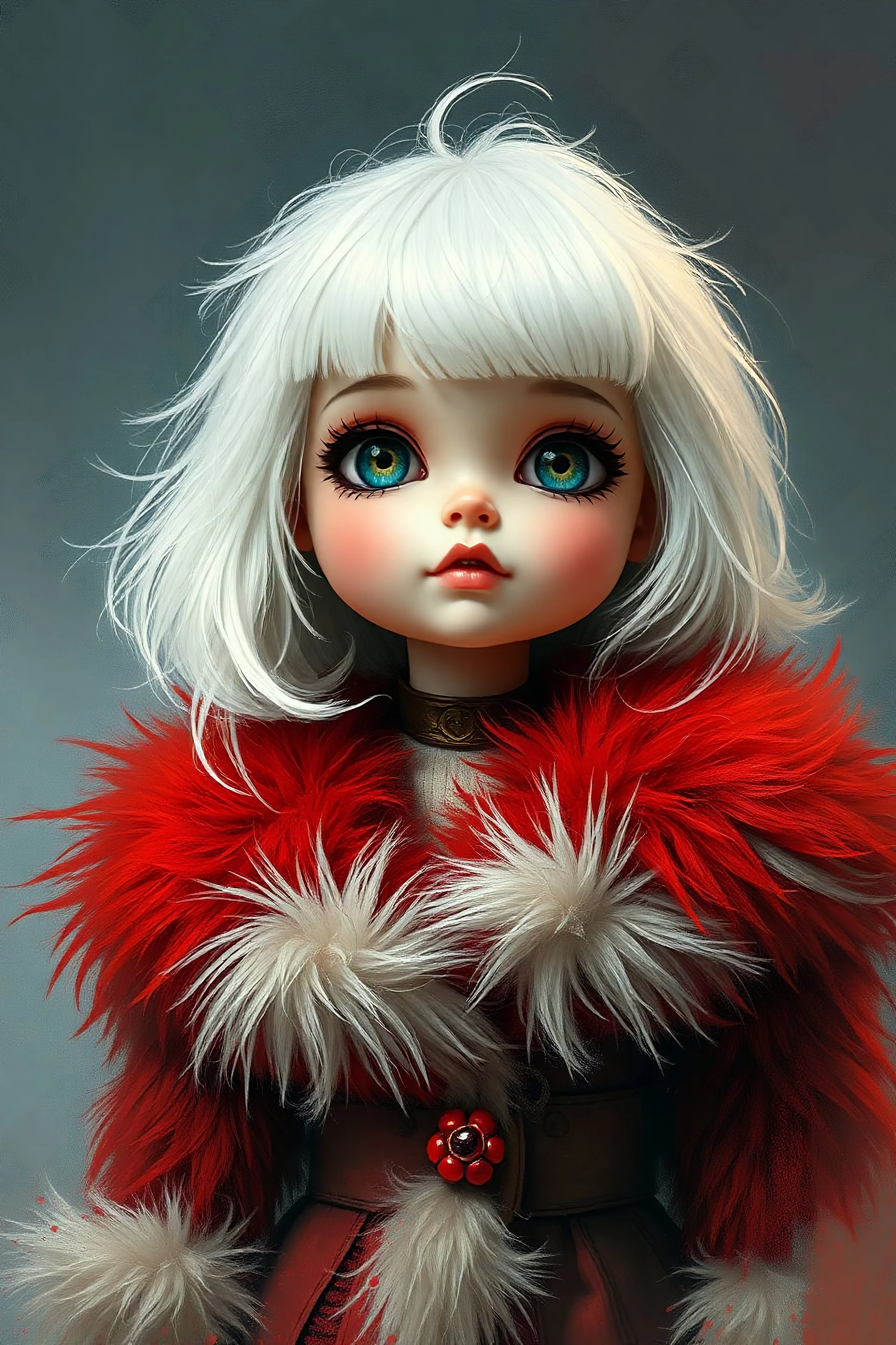 photorealistic impasto impressionist digital oil painting of a vintage styled cartoonish high Brats doll, white hair, fur red coat, ethereal, she has hair like Debbie harry
