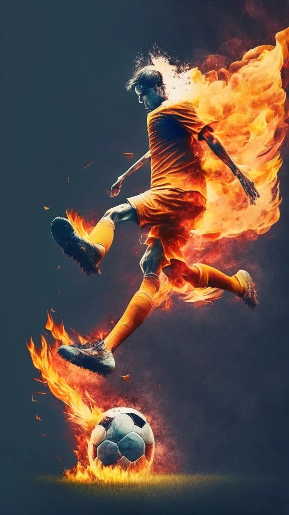 soccer player kicking a ball covered in fire