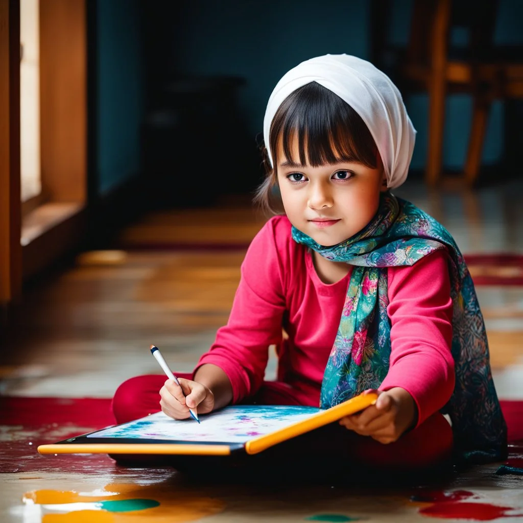 a little girl sitting on the floor holding a tablet, wearing a head scarf, white bangs, document photo, photo still of, paint, wet drapery, unmasked, diary on her hand, 5 years old, focus close on mischievous eyes,