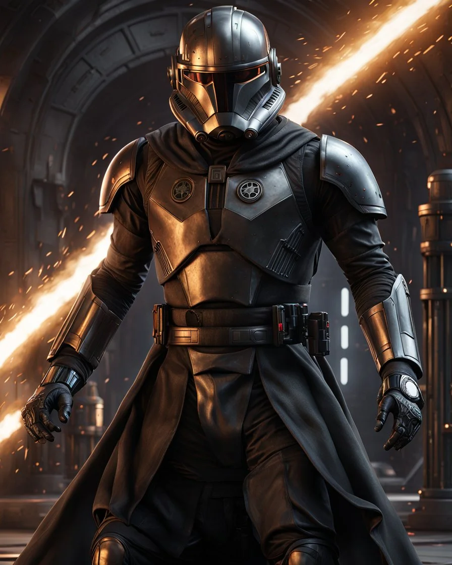 star wars bald male corellian pilot wearing pearlescent black and gunmetal grey First Order special forces heavy assault stealth commando armor and helmet with gold trim inside the jedi temple, hyperdetailed, dynamic lighting, hyperdetailed background, 8k resolution, volumetric lighting, light skin, fully symmetric details