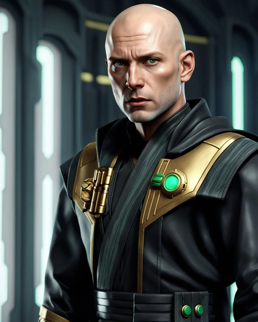 star wars bald male corellian jedi pilot wearing black and gunmetal grey old republic armored robes with gold trim inside the jedi temple holding a lightsaber with viridian green blade in left hand, centered head and shoulders portrait, hyperdetailed, dynamic lighting, hyperdetailed background, 8k resolution, volumetric lighting, light skin, fully symmetric details