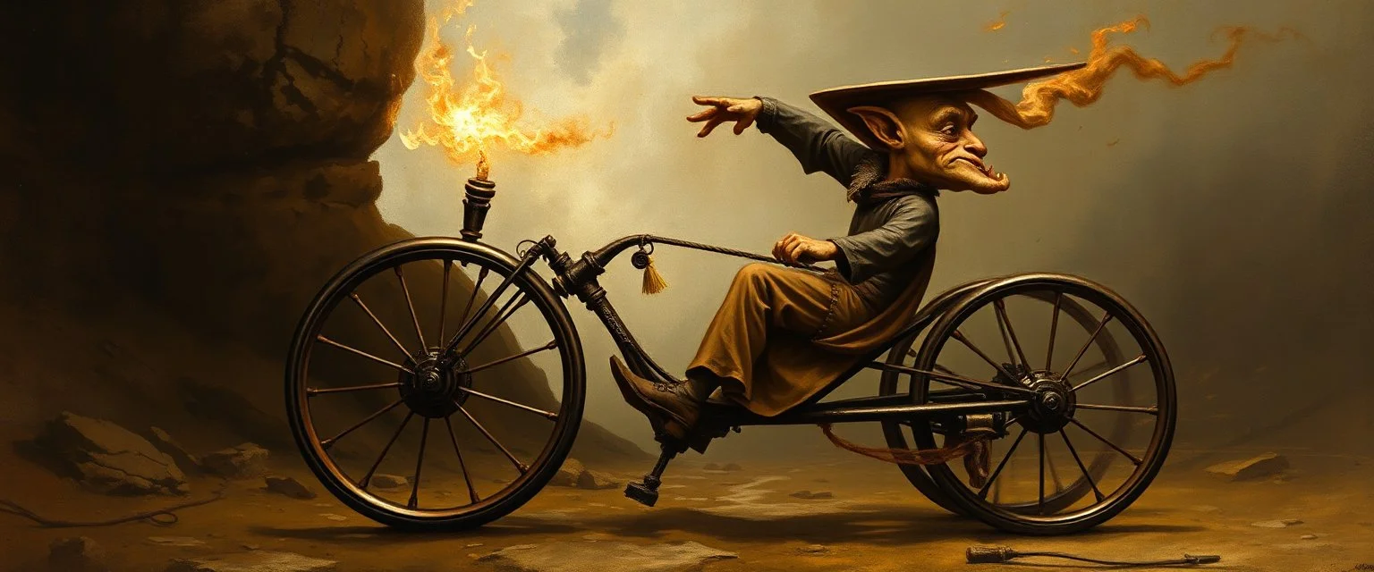 master oil painting by Rembrandt, magic trike man with vertical front wheel, and horisontal back wheels, gremlin brown, final battle forgotten realms