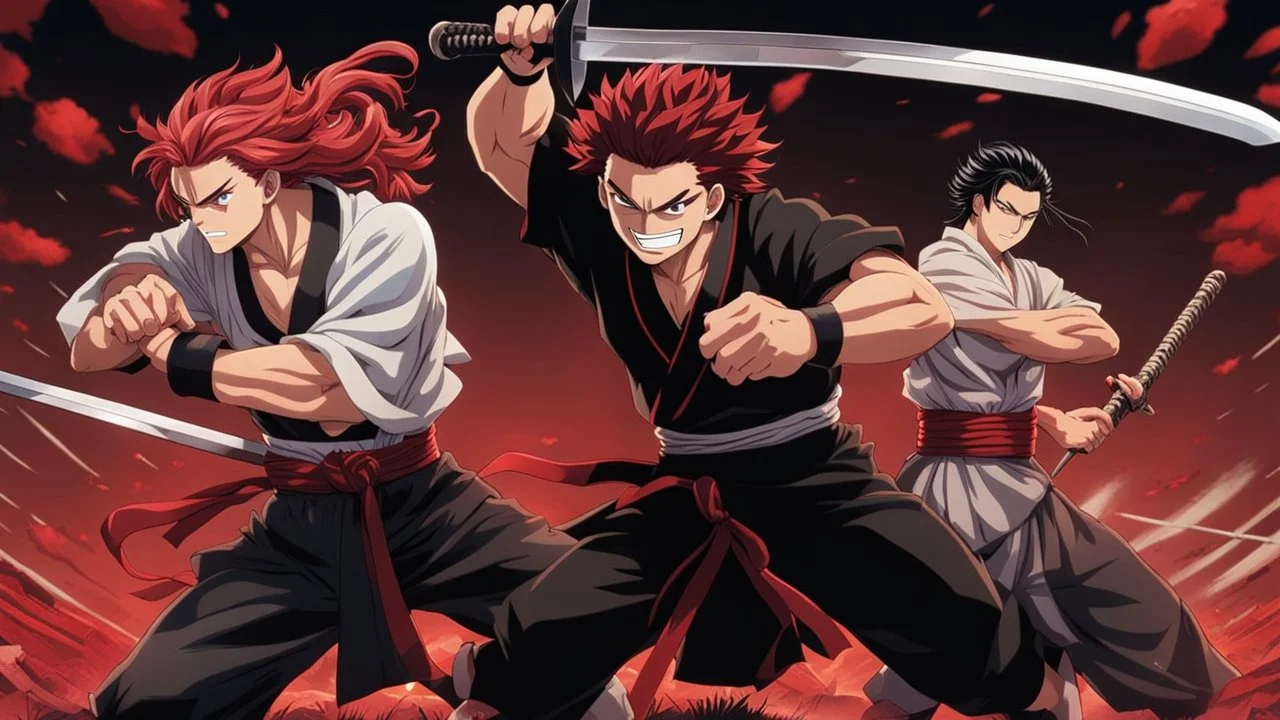 yujiro hanma vs yoriichi tsugukuni, baki vs kimetsu no yaiba, two mans standing in front of each other, a big strong man in black shirt with red hair and evil grin in battle stance facing a smaller feminine swordsman with long hair and calm face reaching for his sword in traditional japanese clothes both preparing to fight each other