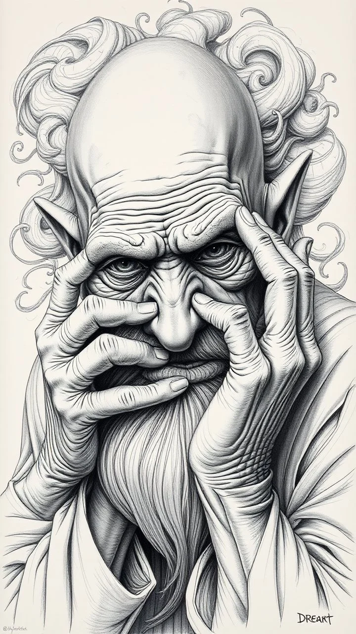 ππ§π€π’π₯π© highly detailed graphite illustration, A surreal old woman figure with exaggerated anatomical features, heavily wrinkled skin, and an intense, contemplative expression. bald head, thick eyebrows, long beard merge into swirling abstract shapes. Large, expressive hands, one covering the mouth and the other gripping the forehead tensely. Mysterious, introspective, dreamlike, somewhat dark fantasy. #ππ§πart #prompt