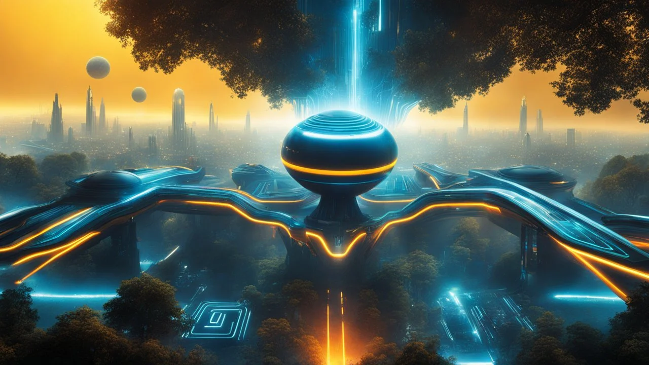 tron legacy movie, creatures,, space ships, city of the future, trees , forest, yellow, blue, red, orange, realistic, matrix universe, space, planets, god creations