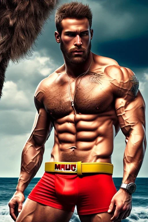 Ignore NSFW, teenager young rugged attractive slightly muscular fantastic handsome man, red briefs with yellow belt, hairy chest, (((visibly pisssing))) briefs, large erect visible boner peniss, photorealistic, artist Jay Anacleto, soft lighting, scruffy beard