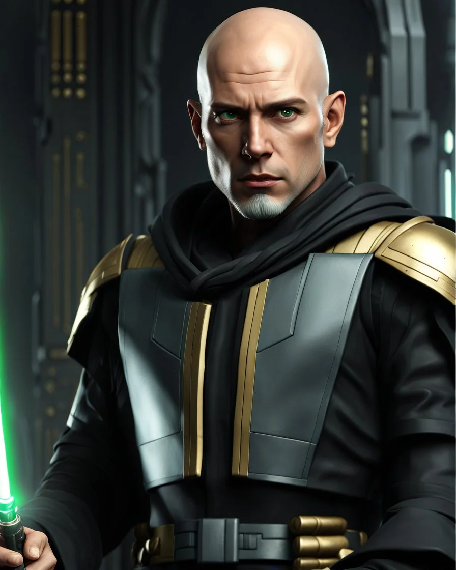 star wars bald male corellian jedi pilot wearing black and gunmetal grey old republic armored robes with gold trim inside the jedi temple holding a lightsaber with viridian green blade in left hand, centered head and shoulders portrait, hyperdetailed, dynamic lighting, hyperdetailed background, 8k resolution, volumetric lighting, light skin, fully symmetric details