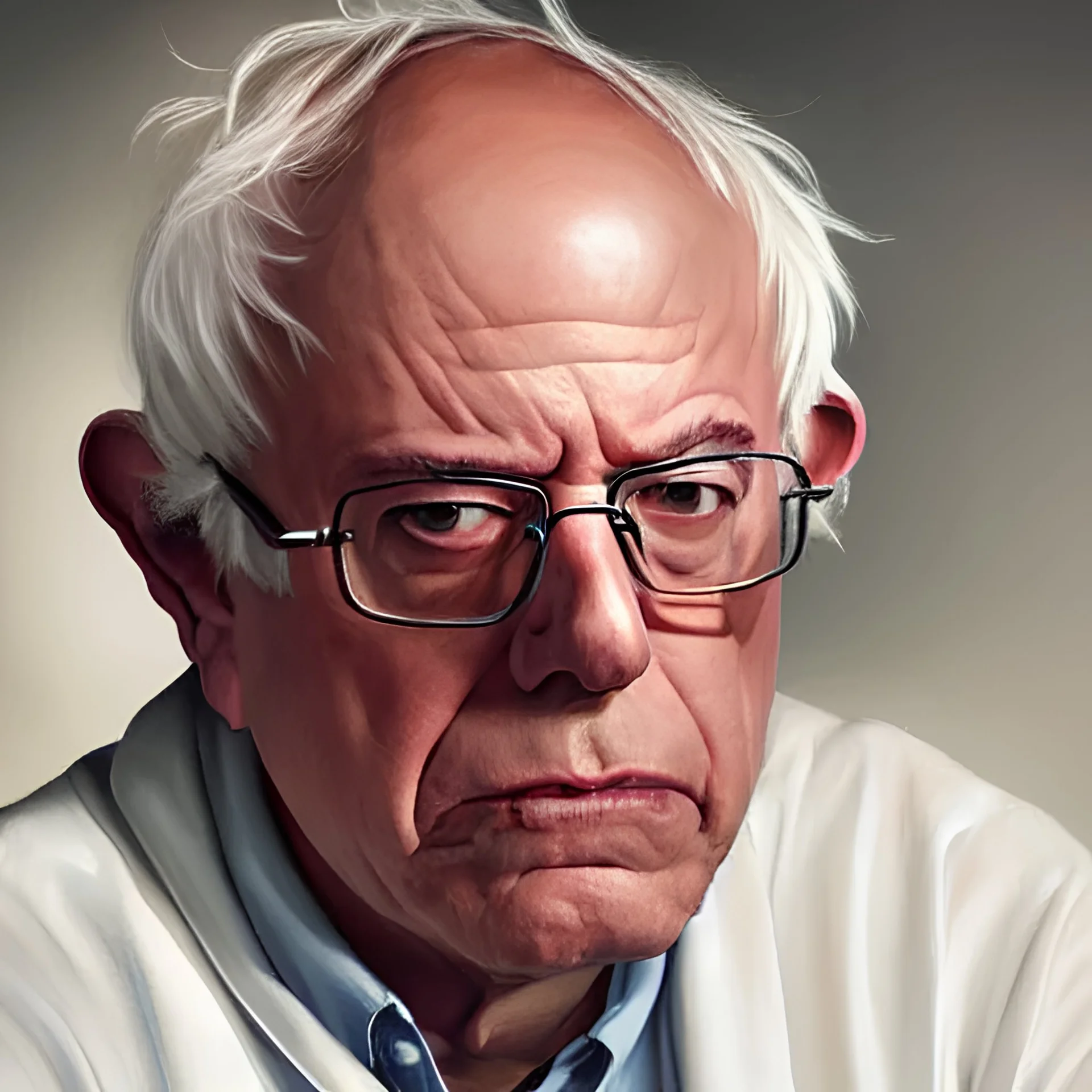 Bernie Sanders as Rick Sanchez, one eyebrow, white robe, big eyes, 2d portrait, symmetrical, highly detailed, digital painting, artstation, concept art, smooth, sharp focus, illustration, cinematic lighting, art by artgerm and greg rutkowski and alphonse mucha