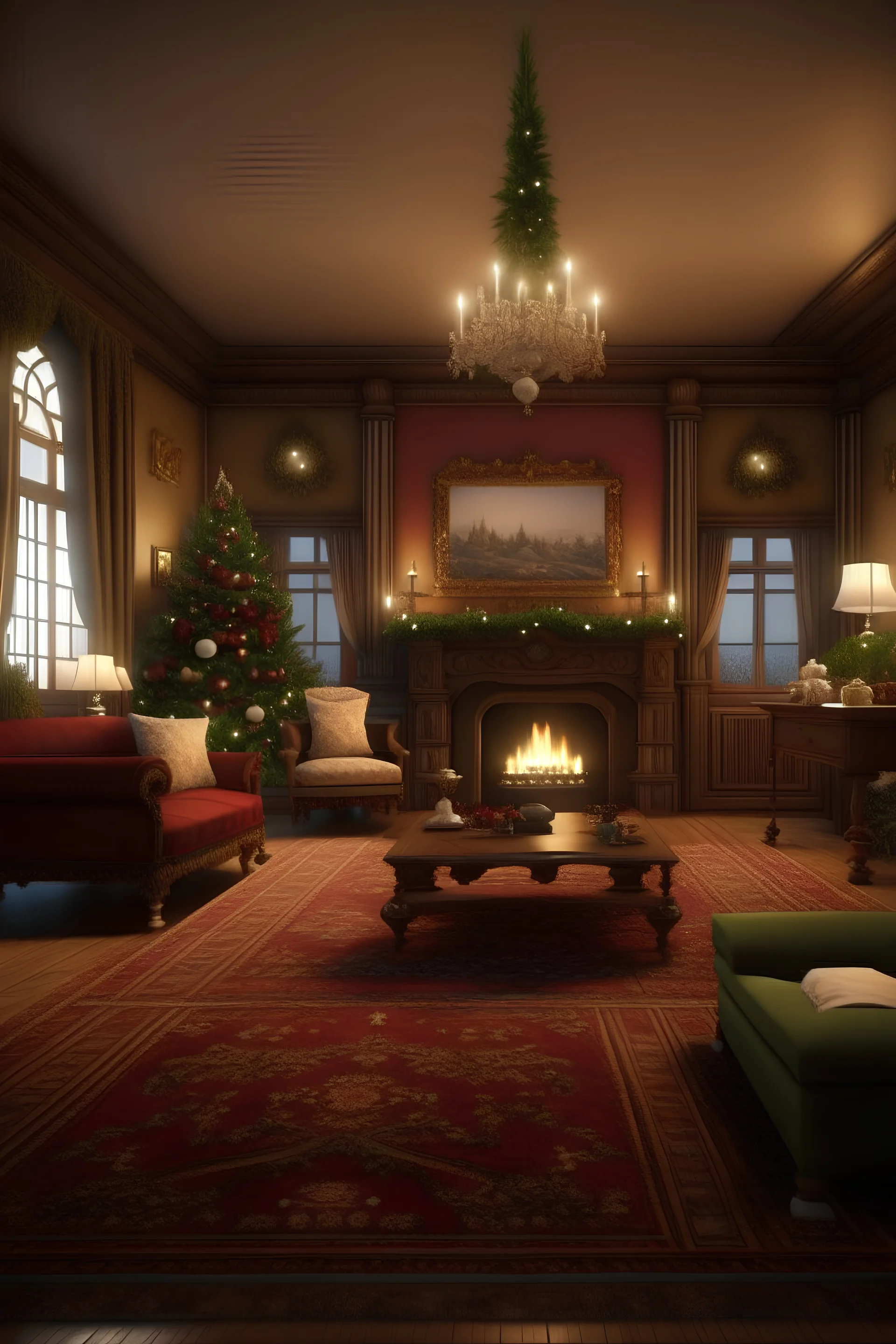 Generate an 8k realistic image of a warm and inviting living room adorned for a festive Christmas celebration. Picture a spacious room filled with nostalgic vintage Christmas decorations. On the left side, there's a grand fireplace exuding a comforting glow with a crackling fire. On the right side, a majestic Christmas tree stands tall, adorned with twinkling lights and classic vintage ornaments. The entire room emanates a charming and old-fashioned Christmas ambiance. Ensure the details capture