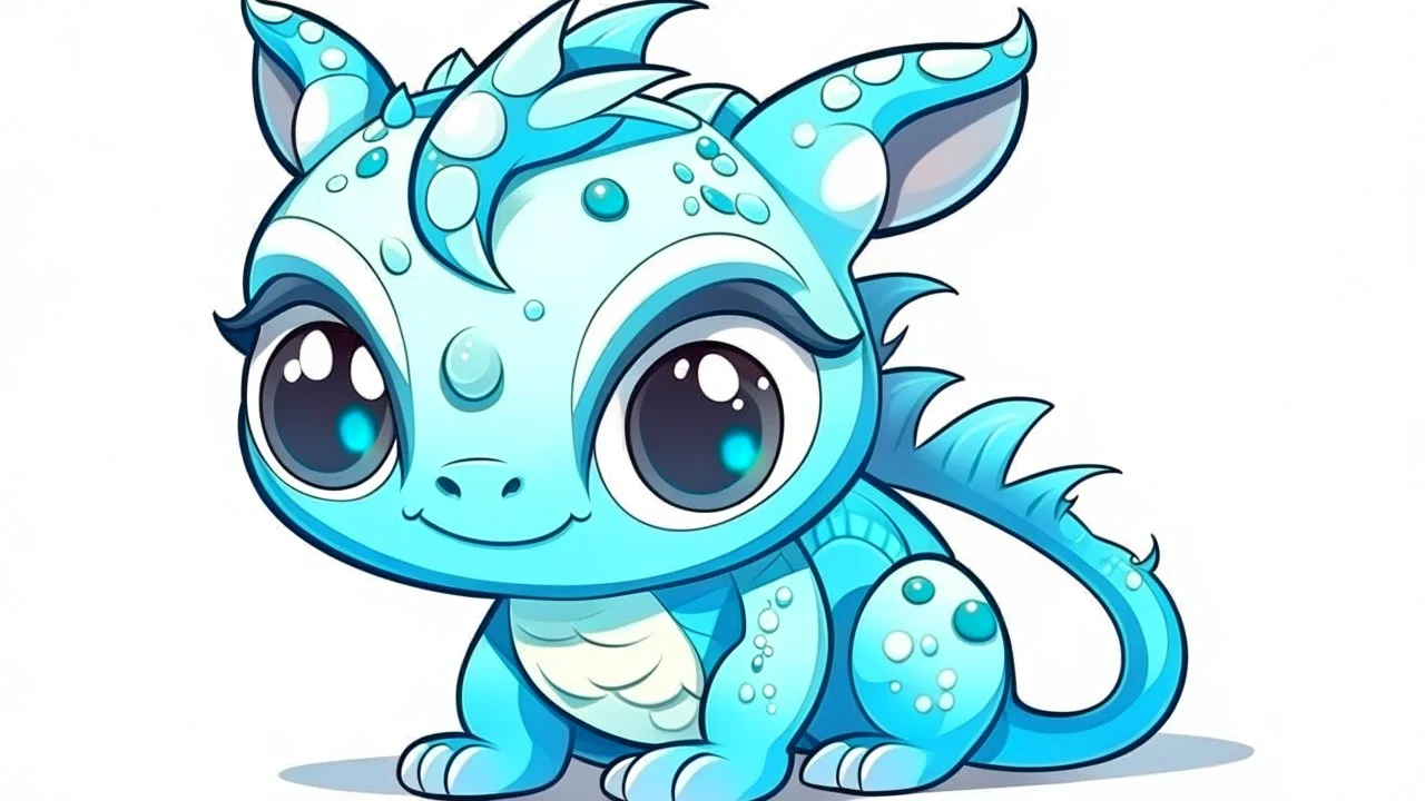 cartoon illustration: a cute little ice dragon with big shiny eyes