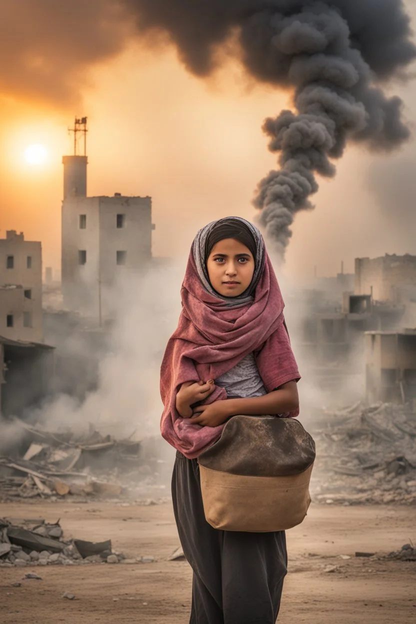 close young palestinian girl with a kuffeah. Large clouds of smoke rise from the land of gaza . With demolished buildings in the background. with sunset colors Made in the palestinian style