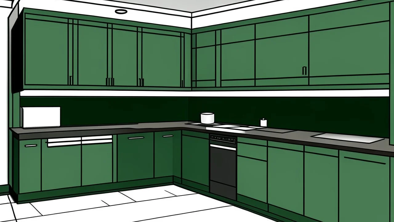 kitchen with dark green furniture, forest wallpaper on a white wall, on the left side next to the window there is a microwave and oven installed in the furniture, and on the right side 5 cm from the induction hob and a kitchen hood above it,