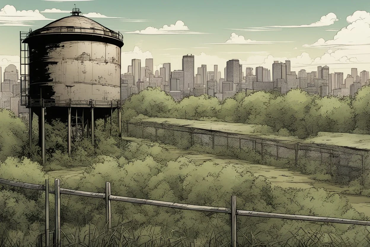 watertower, overgrown apocalyptic city background, comic book, fence