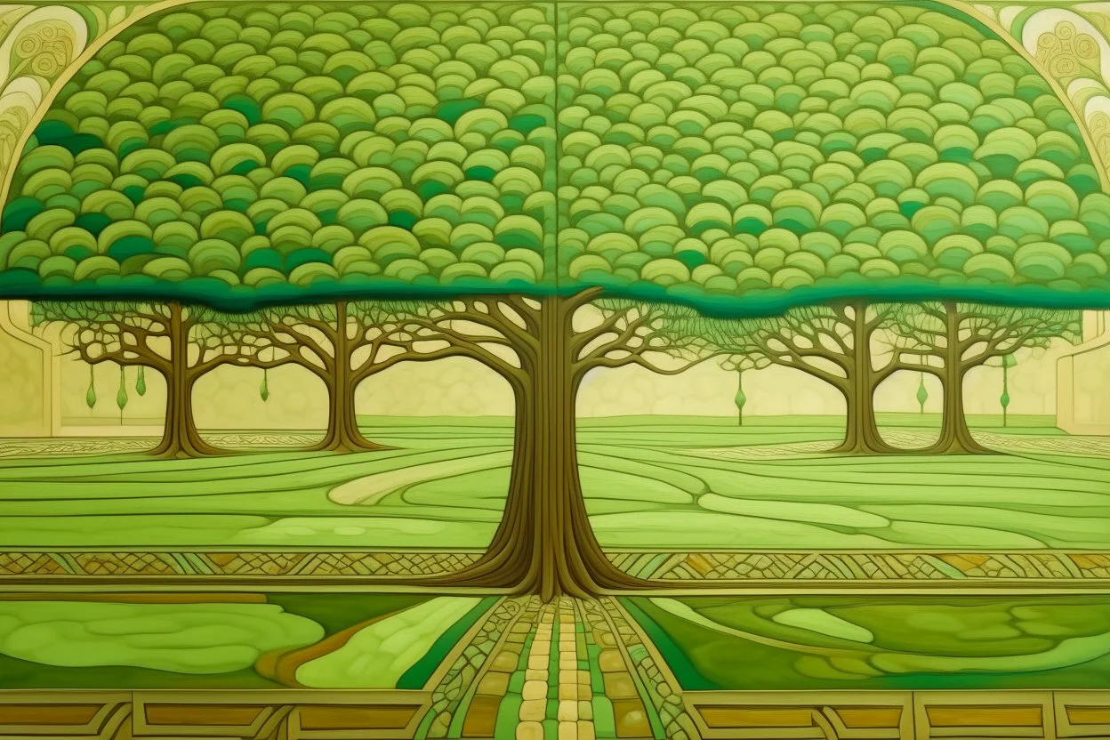 A green plain with trees designed in ancient Greek pottery painted by Frank Lloyd Wright