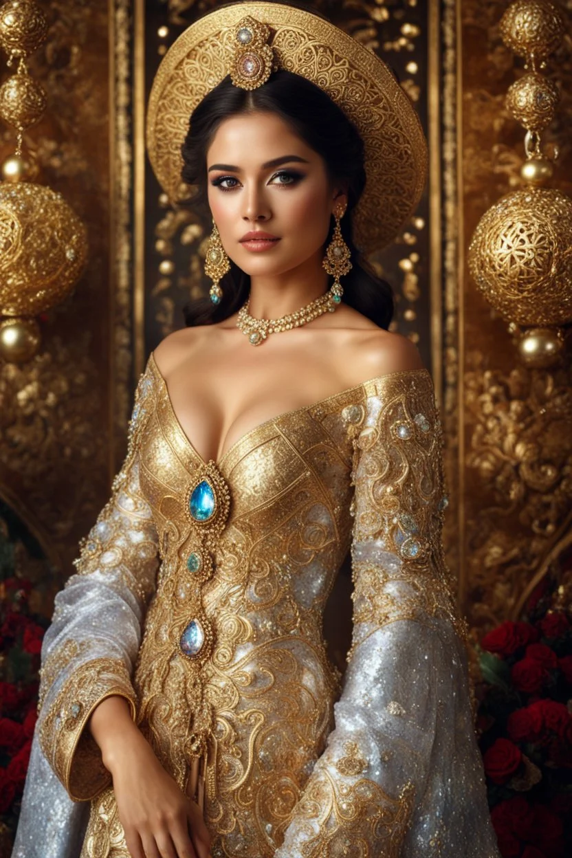 Full body gorgeous photography HD ultra realistic natural skin beauty of young mexican woman, dressing traditional gown Mexico beautiful, shiny hard eyes, make up, shiny baubles, ornate, large gemstones, shiny molten golden metalics, shiny ornaments flowers patterns, luxury dress,luxury jewelry diamonds background,brown hair, high definition, high res,establishing shot, mariachi dancer