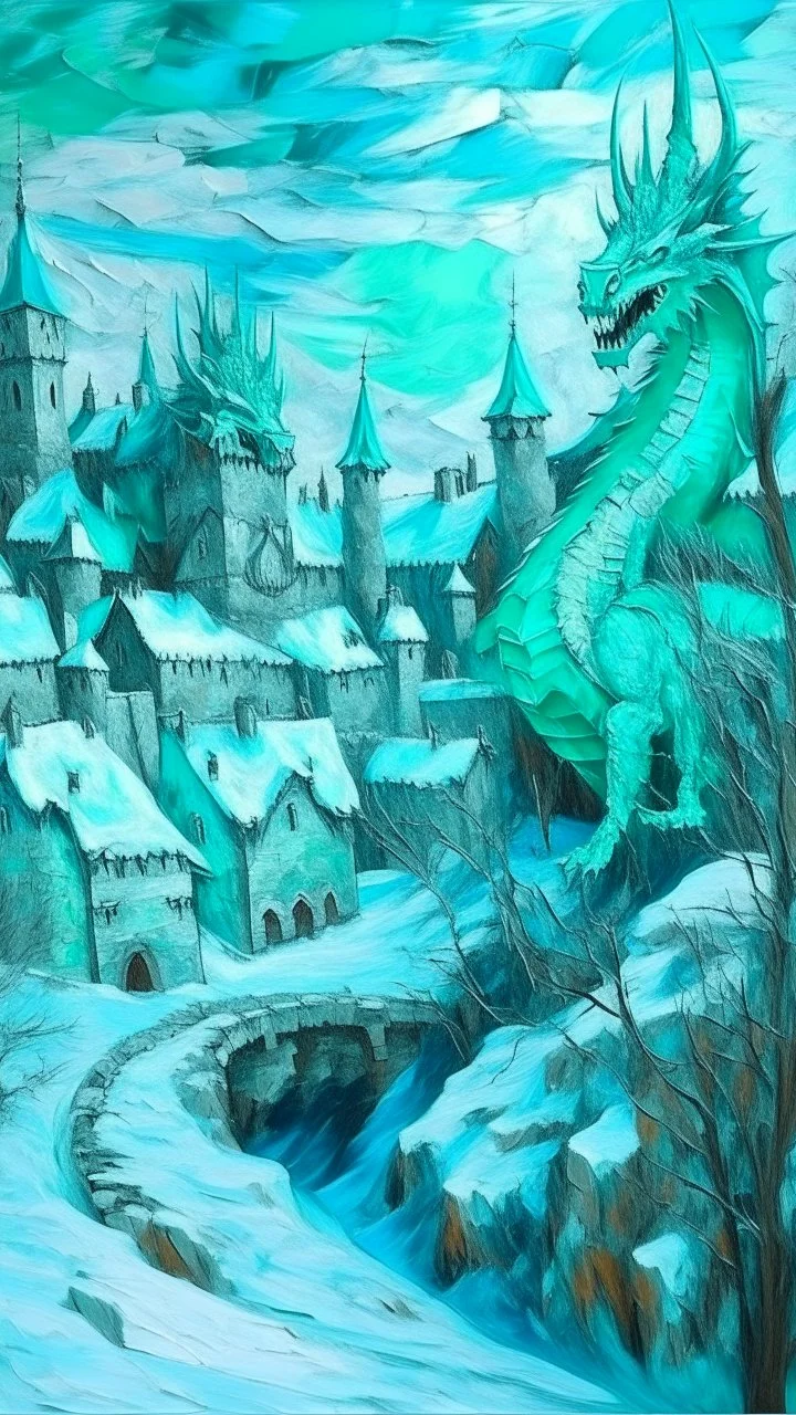 A cyan village with a castle with an ice dragon in winter season painted by Vincent van Gogh