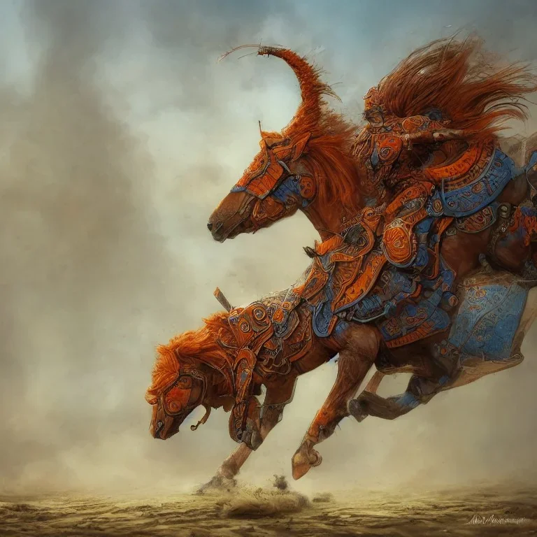 angry horse in orange and blue battle armor, bucking, a highly detailed illustration, background of Inka jungle, realistic render, 8 k, micro detail, intricate, elegant, centered, digital painting, Artstation, smooth, sharp focus, illustration, artgerm, tomasz alen kopera, peter mohrbacher, donato giancola, joseph christian leyendecker, wlop, boris vallejo